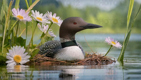 Ai generated, animal, animals, bird, birds, biotope, habitat, a, individual, swims, waters, breeds, nest, reeds, water lilies, blue sky, foraging, wildlife, summer, seasons, loon, (Gavia immer), tundra, Greenland, Iceland, Canada, loon, winters on the coasts of Europe, North America