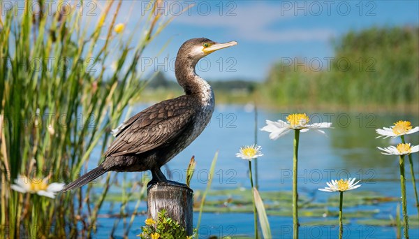 Ai generated, animal, animals, bird, birds, biotope, habitat, a, single animal, stands on pole, waters, reeds, water lilies, blue sky, foraging, wildlife, summer, seasons, great cormorant (Phalacrocorax carbo)