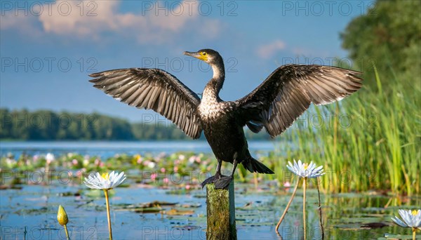 Ai generated, animal, animals, bird, birds, biotope, habitat, a, single animal, stands on pole, waters, reeds, water lilies, blue sky, foraging, wildlife, summer, seasons, great cormorant (Phalacrocorax carbo), dries its plumage, spreads its wings