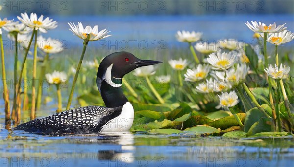 Ai generated, animal, animals, bird, birds, biotope, habitat, a, individual, swims, waters, breeds, nest, reeds, water lilies, blue sky, foraging, wildlife, summer, seasons, loon, (Gavia immer), tundra, Greenland, Iceland, Canada, loon, winters on the coasts of Europe, North America