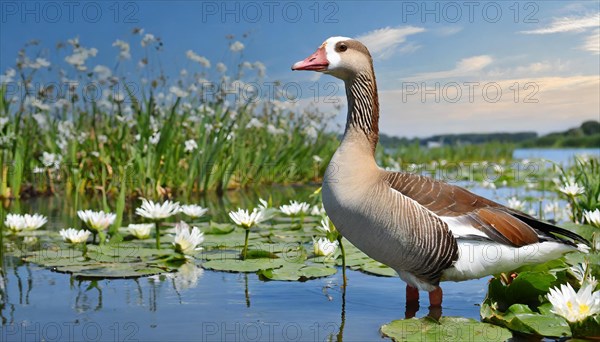 Ai generated, animal, animals, bird, birds, biotope, habitat, an, individual, swims, waters, reeds, water lilies, blue sky, foraging, wildlife, summer, seasons, greater white-fronted goose (Anser albifrons)