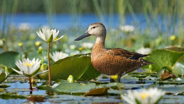 KI generated, animal, animals, bird, birds, biotope, habitat, a, individual, swims, water, reeds, water lilies, blue sky, foraging, wildlife, summer, seasons, northern shoveler (Spatula clypeata), female