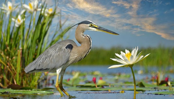 KI generated, animal, animals, bird, birds, biotope, habitat, one, individual, water, reed, winter, snow, blue sky, foraging, wildlife, seasons, heron, little blue heron (Egretta caerulea), Florida, Mexico, Central America