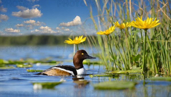 KI generated, animal, animals, bird, birds, biotope, habitat, a, individual, swims, water, reeds, water lilies, blue sky, foraging, wildlife, summer, seasons, northern shoveler (Spatula clypeata), female