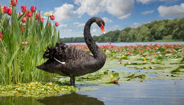 Ai generated, animal, animals, bird, birds, biotope, habitat, a, individual, swims, waters, reeds, water lilies, blue sky, foraging, wildlife, summer, seasons, black swan (Cygnus atratus), Black Swan