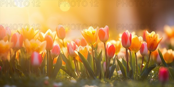 Yellow and pin tulip spring flowers on meadow. KI generiert, generiert AI generated