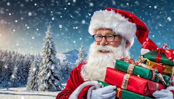 AI generated, man, 70+, Father Christmas, red coat, backpack, full beard, winter, snow, ice, fir trees, snowy, snowflakes, winter landscape, Christmas hat, costume, clothes, colourful, colourful presents, packages, nice teeth, smiles, friendly, Christmas, evening, night shot, winter forest