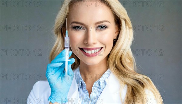AI generated, RF, woman, woman, doctor, female doctor, 25, 30, years, attractive, attractive, doctor's office, holds a syringe in her hand, disposable syringe, flu shot, corona, pneumococcal, prevention, health, blonde, blonde, beautiful teeth, long hair