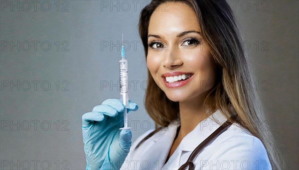 AI generated, RF, woman, woman, doctor, female doctor, 25, 30, years, attractive, attractive, doctor's office, holds a syringe in her hand, disposable syringe, flu shot, corona, pneumococcal, prevention, health, blonde, blonde, beautiful teeth, long hair