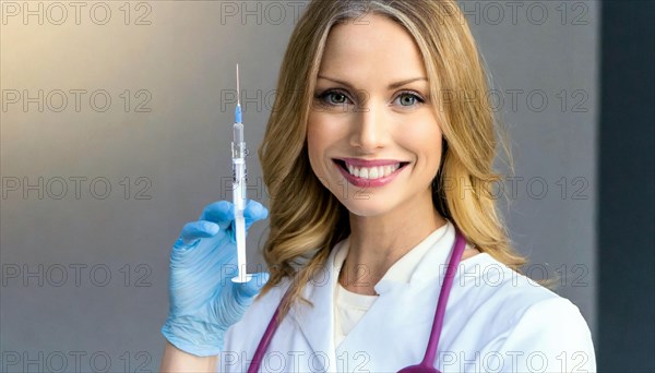 AI generated, RF, woman, woman, doctor, female doctor, 25, 30, years, attractive, attractive, doctor's office, holds a syringe in her hand, disposable syringe, flu shot, corona, pneumococcal, prevention, health, blonde, blonde, beautiful teeth, long hair