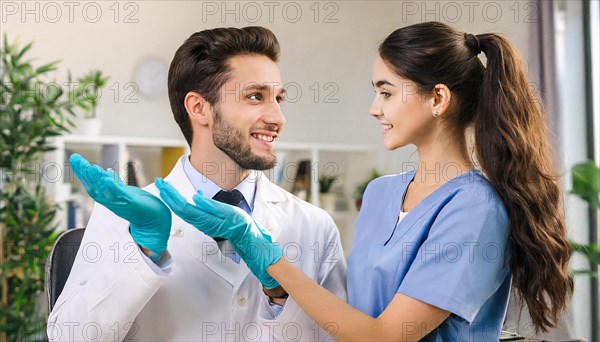 AI generated, RF, woman, woman, man, men, doctor, female doctor, two, 30-35, years, attractive, attractive, doctor's office, hold, hand, in love, love, affection, tenderness, blond, blonde, blonde, beautiful teeth, long hair, two people, lovers, bearded, AI generated