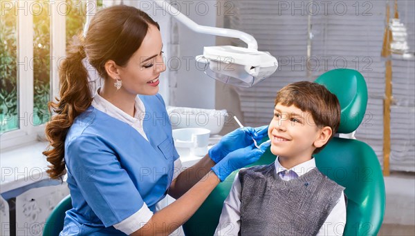 AI generated, dentist treats little boy, dentist, blonde, 30, 35, years, dental treatment, follow-up, AI generated