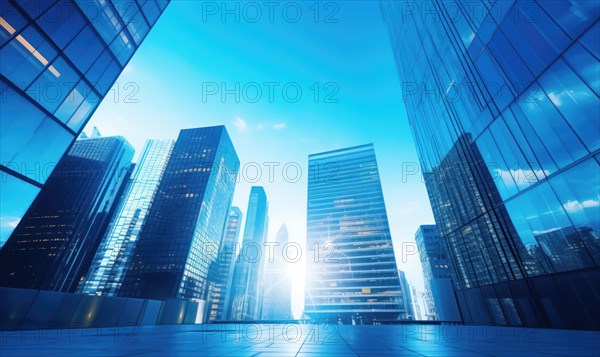 Glass skyscrapers reaching into a blue sky with sunlight glinting off the buildings AI generated