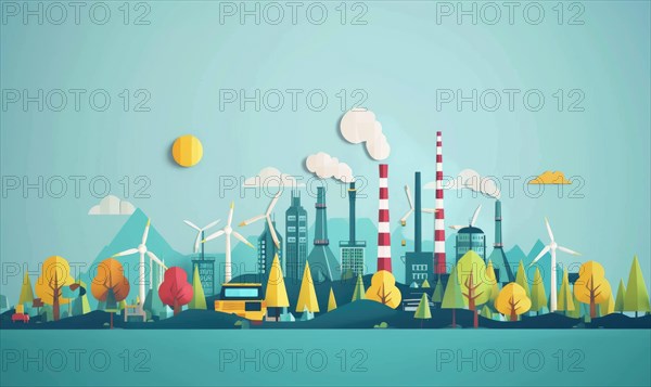 Industrial landscape with factories and green plants AI generated