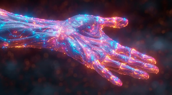 A luminescent digital hand with holographic fibers depicting futuristic technology and connectivity, AI generated