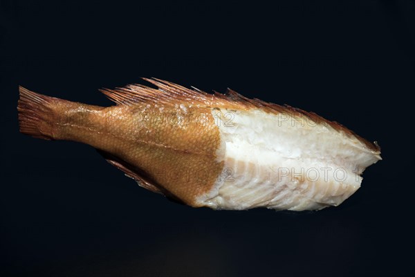 Smoked redfish without head, with half of the skin removed and part of the back fillet cut out, food photography with black background
