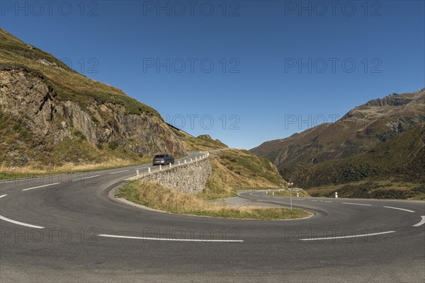 Hairpin bend on the road to the Oberalp Pass, Canton Graubuenden, Switzerland, Europe