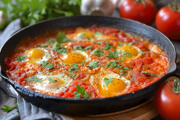 Freshly prepared shakshuka with eggs in a cast-iron pan on a wooden board, AI generated, AI generated