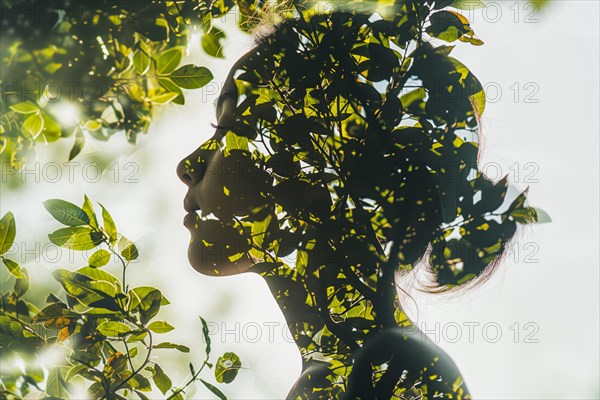 Calming image of a woman in double exposure surrounded by delicate foliage, symbolic image for environmentally conscious living, AI generated, AI generated