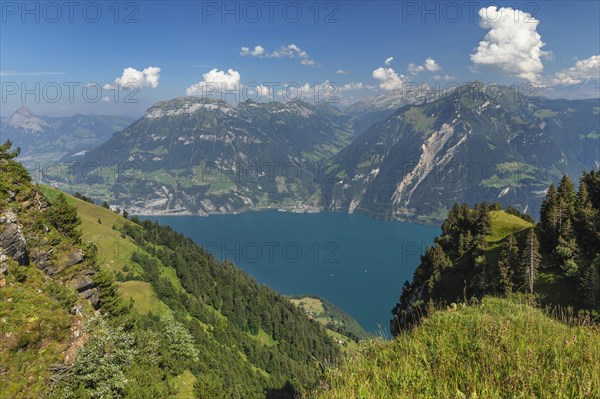 View from Niederbauen Kulm (1923m) to Fronalpstock (2123m) and Sisikon, Lake Lucerne, Canton Uri, Switzerland, Lake Lucerne, Uri, Switzerland, Europe