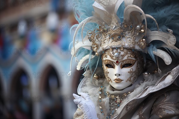 A person adorned in an elaborate and elegant costume, capturing the essence of the Venice Carnival amidst a scenic backdrop, AI generated