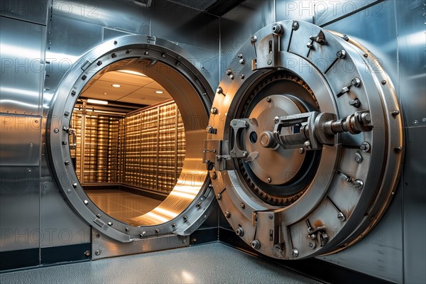 Open bank vault door, revealing a room filled with safety deposit boxes in safe depositary. The metallic and sturdy design of the door highlights security and protection, AI generated