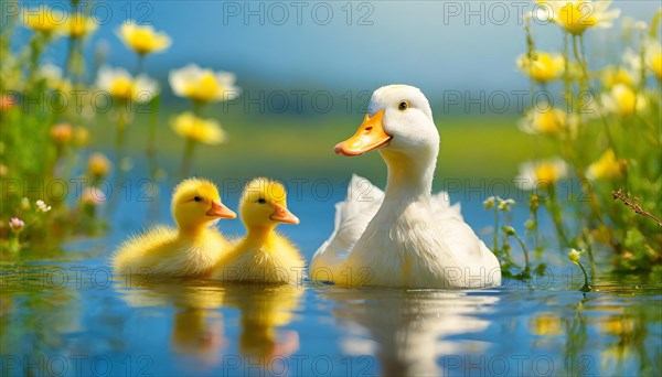 KI generated, animal, animals, bird, birds, biotope, habitat, one, single animal, foraging, wildlife, duck, ducks, domestic duck, female, (Anas platyrhynchos) white, white, yellow ducklings, young animals, animal children, two, three, four, white duck mother with yellow chicks, excursion, water, meadow, grass, spring, summer, flowers, pond, swimming, sitting, farm animal, domestic animal