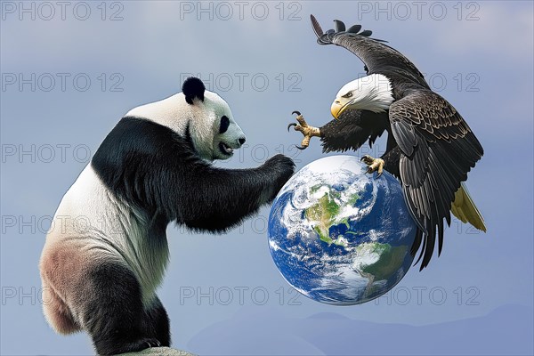 A panda and a bald eagle fight against a clear sky around the globe, symbolising the cultural, ideological and economic dominance in the world between China and the USA, AI generated, AI generated
