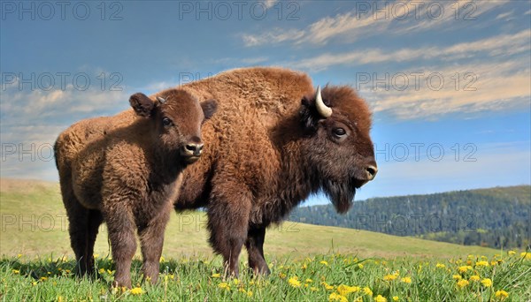 AI generated, animal, animals, mammal, mammals, biotope, habitat, two, bison with calf, spring, foraging, wildlife, bison, North America, buffalo, wild cattle, (Bison bonasus)