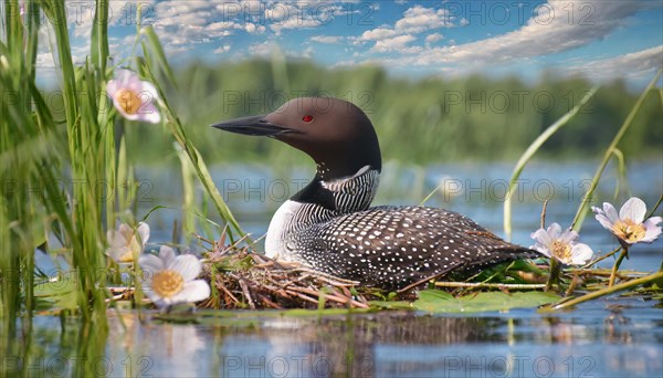 Ai generated, animal, animals, bird, birds, biotope, habitat, a, individual, swims, waters, breeds, nest, reeds, water lilies, blue sky, foraging, wildlife, summer, seasons, loon, (Gavia immer), tundra, Greenland, Iceland, Canada, loon, winters on the coasts of Europe, North America