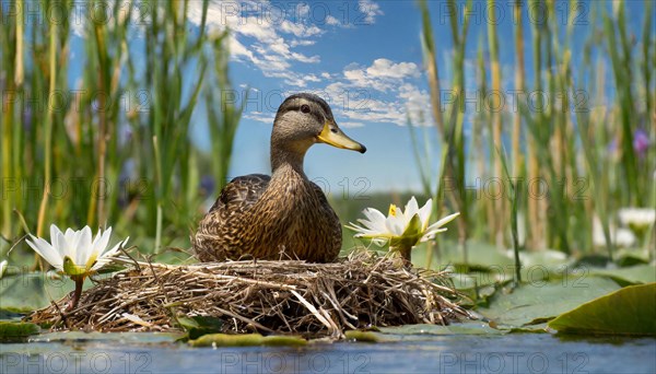 Ai generated, animal, animals, bird, birds, biotope, habitat, a, individual, swims, waters, reeds, water lilies, blue sky, foraging, wildlife, summer, seasons, mallard, female, female, broods, nest, (Anas platyrhynchos, swimmer, family of geese)