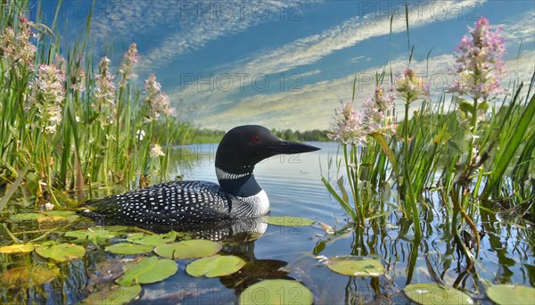 Ai generated, animal, animals, bird, birds, biotope, habitat, a, individual, swims, waters, breeds, nest, reeds, water lilies, blue sky, foraging, wildlife, summer, seasons, loon, (Gavia immer), tundra, Greenland, Iceland, Canada, loon, winters on the coasts of Europe, North America