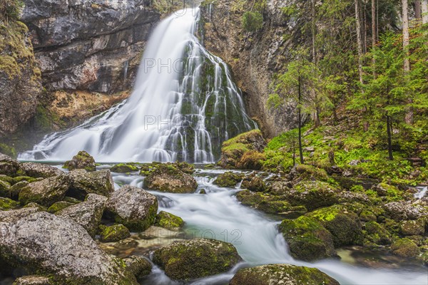 Waterfall and river, forest, gorge, summer, mountain landscape, long exposure, Gollinger waterfall, Salzburg, Austria, Europe