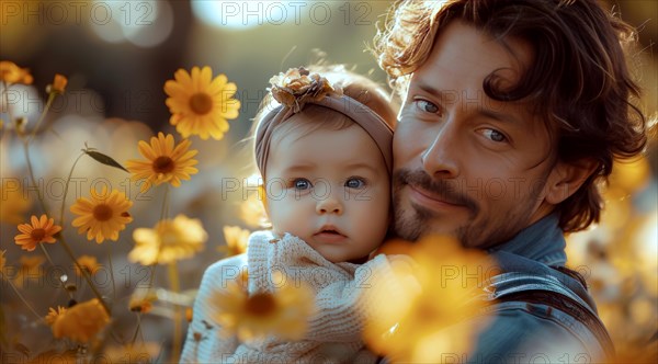 Serene father making eye contact with his baby girl among autumnal golden flowers, ai generated, AI generated