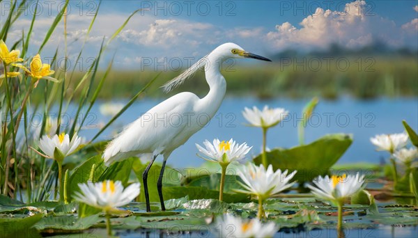 KI generated, animal, animals, bird, birds, biotope, habitat, a, individual, water, reeds, water lilies, blue sky, foraging, wildlife, summer, seasons, cattle egret (Bubulcus ibis)