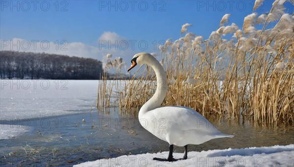 KI generated, animal, animals, bird, birds, biotope, habitat, a, individual, winter, ice, snow, water, reeds, blue sky, foraging, wildlife, seasons, mute swan (Cygnus olor)