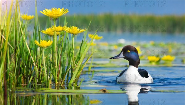 Ai generated, animal, animals, bird, birds, biotope, habitat, a, individual, swims, water, reeds, water lilies, blue sky, foraging, wildlife, summer, seasons, northern shoveler (Spatula clypeata), male, drake