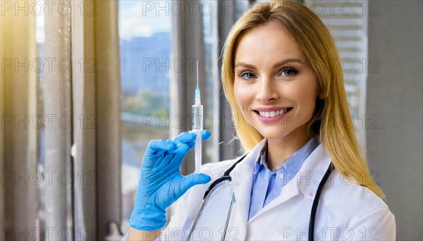 AI generated, RF, woman, woman, doctor, female doctor, 25, 30, years, attractive, attractive, doctor's office, holds a syringe in her hand, disposable syringe, flu shot, corona, pneumococcal, prevention, health, blonde, blonde, beautiful teeth, long hair