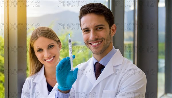 Ai generated, RF, woman, woman, man, men, doctor, female doctor, two, 30-35, years, attractive, attractive, doctor's office, holds a syringe in her hand, disposable syringe, flu shot, corona, pneumococcal, prevention, health, blond, blonde, blonde, beautiful teeth, long hair, two people