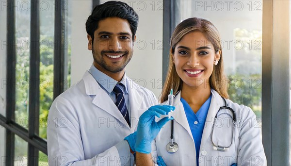 Ai generated, RF, woman, woman, man, men, doctor, female doctor, two, 30-35, years, attractive, attractive, doctor's office, holds a syringe in her hand, disposable syringe, flu shot, corona, pneumococcal, prevention, health, blond, blonde, blonde, beautiful teeth, long hair, two people