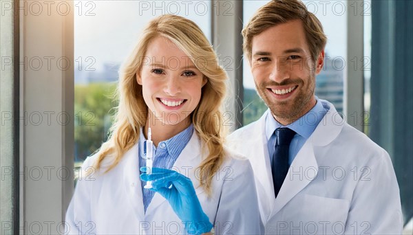 Ai generated, RF, woman, woman, man, men, doctor, female doctor, two, 30-35, years, attractive, attractive, doctor's office, holds a syringe in her hand, disposable syringe, flu shot, corona, pneumococcal, prevention, health, blond, blonde, blonde, beautiful teeth, long hair, two people