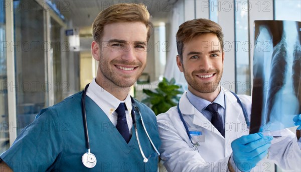 AI generated, RF, man, doctor, doctors, medical team, team, 30+, years, attractive, attractive, doctor's office, look at an x-ray, x-ray, examination, check-up, health, beard wearer, beautiful teeth, long hair, beard wearer, two people