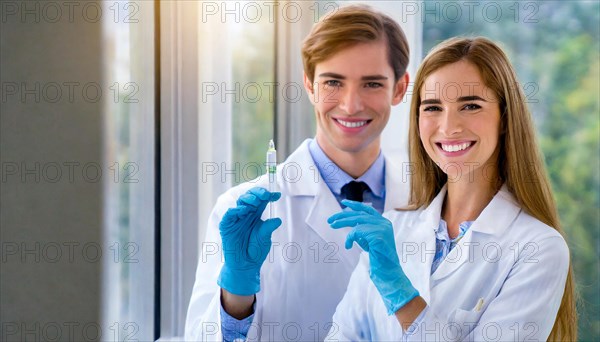 Ai generated, RF, woman, woman, man, men, doctor, female doctor, two, 30-35, years, attractive, attractive, doctor's office, holds a syringe in her hand, disposable syringe, flu shot, corona, pneumococcal, prevention, health, blond, blonde, blonde, beautiful teeth, long hair, two people