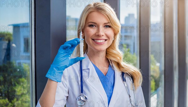 AI generated, RF, woman, woman, doctor, female doctor, 25, 30, years, attractive, attractive, doctor's office, holds a syringe in her hand, disposable syringe, flu shot, corona, pneumococcal, prevention, health, blonde, blonde, beautiful teeth, long hair