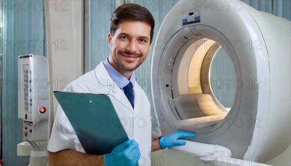 AI generated, RF, man, men, doctor, doctors, 30, 35, years, attractive, attractive, doctor's office, CT, scan, computer tomography, computer tomography, preventive care, health, smiles, beautiful teeth, bearded, generates a three-dimensional X-ray image, modern X-ray machine, X-rays, AI generated