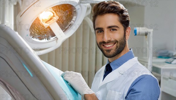 AI generated, RF, man, men, doctor, doctors, 30, 35, years, attractive, attractive, doctor's office, CT, scan, computer tomography, computer tomography, preventive care, health, smiles, beautiful teeth, bearded, generates a three-dimensional X-ray image, modern X-ray machine, X-rays, AI generated