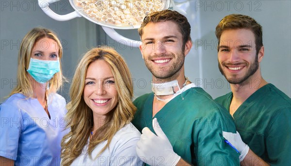 AI generated, RF, woman, woman, man, doctor, doctor team, team, 30, years, attractive, attractive, doctor's office, operating theatre, operating room, examination, prevention, health, blond, blonde, blonde, beautiful teeth, long hair, beard bearer, four, people, two. woman, two doctors, AI generated