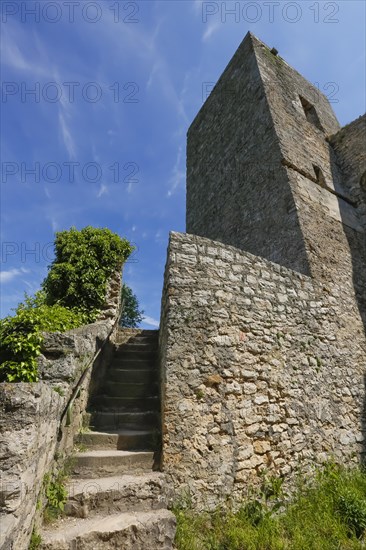 Ruin Reussenstein, ruin of a rock castle above Neidlingen, rock above the Neidlingen valley, ministerial castle of the Teck dominion, stone staircase, wall, Neidlingen, Swabian Alb, Baden-Wuerttemberg, Germany, Europe