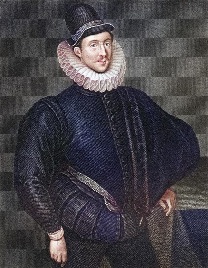 Fulke Greville 1st Baron Brooke, 1554-1628, English philosophical poet and advocate of a plain style of writing. From the book Lodge's British Portraits published in London 1823, Historic, digitally restored reproduction from a 19th century original, Record date not stated
