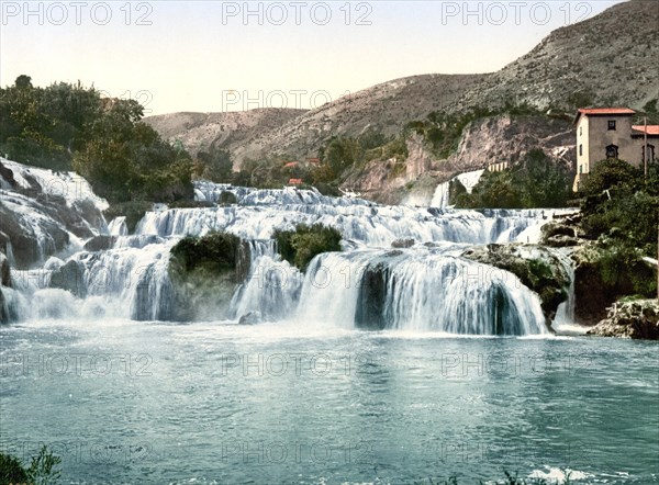 Sebenico, Sibenik, lower falls of the Kerka, Dalmatia, former Austro-Hungary, today Croatia, c. 1890, Historic, digitally restored reproduction from a 19th century original Sebenico, lower falls of the Kerka, Dalmatia, former Austro-Hungary, today Croatia, 1890, Historic, digitally restored reproduction from a 19th century original